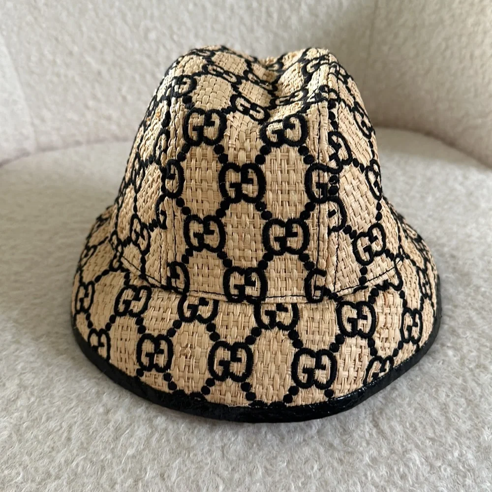 Gucci raffia natural and black GG bucket hat beige tan wicker - Picture 4 of 6